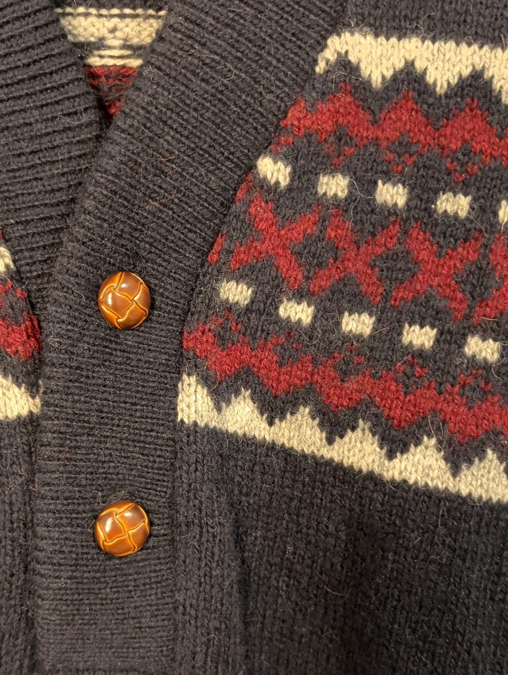 Vintage Jantzen Men's Cotton Navy Shawl Collar Sweater with Patterned Yoke - Picture 2 of 3